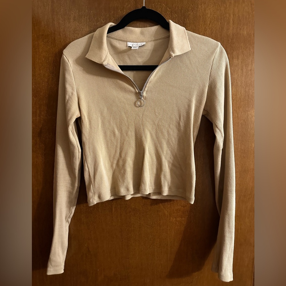 Topshop Tan Polo Collar Cropped Fitted Top